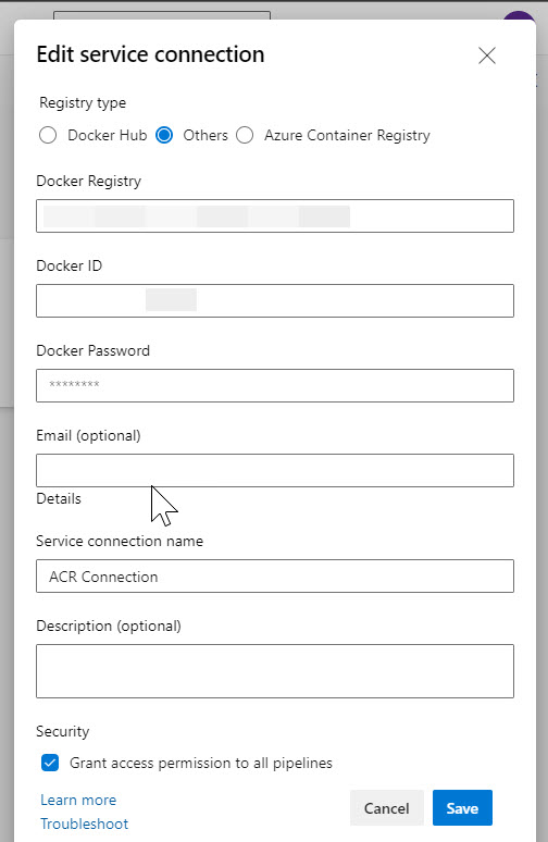 Service Connection Details for Azure Container Registry Authentication in Azure Devops